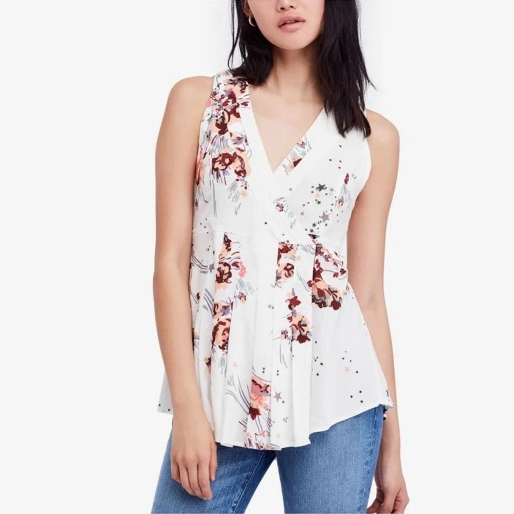 FREE PEOPLE Sleeveless Wrap Blouse White Floral Stars Large